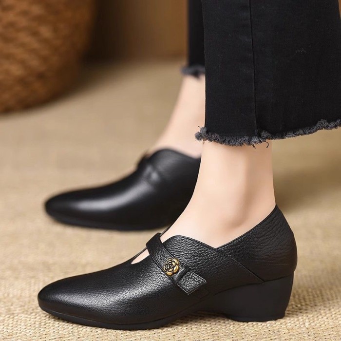 Giày Mary Jane Nữ Mũi Nhọn Mềm Mại Thoải Mái Đế Nêm Giày Đơn Gót Trung Bình Nhỏ Giày Da Giày Slip-o