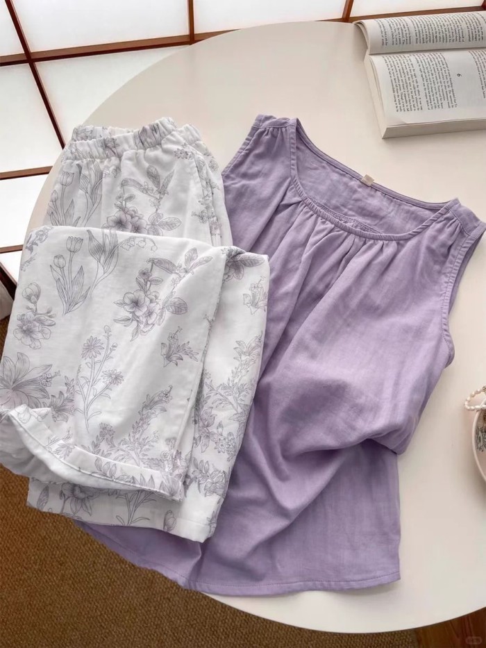 Bộ đồ ngủ có miếng đệm ngực cho nữ mùa hè mới phong cách Trung Hoa ngọt ngào, quần vest không