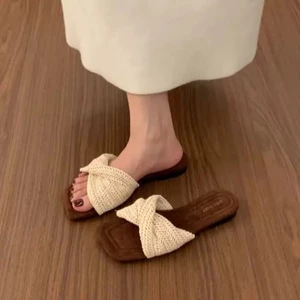 đôi dép dệt kiểu cổ điển mũi vuông phẳng dành cho nữ mặc ngoài mùa hè Dép phong cách Pháp ngày l