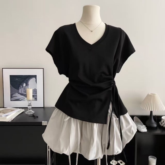 Mùa hè phong cách mới không đều lười dây đeo dây rút thắt lưng thiết kế áo thun đa năng giảm