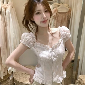 Áo sơ mi chấm bi viền nấm giảm tuổi nhẹ nhàng kiểu Pháp dành cho nữ mùa hè thiết kế độc đáo, eo