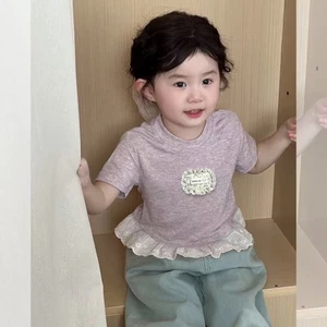 bé gái ngắn tay mùa hè phong cách mới áo ren rừng trẻ em phong cách Hàn Quốc cho bé gái