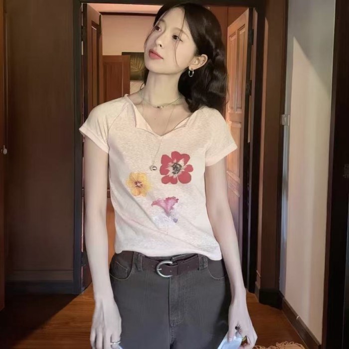 Colorful Flower V-neck Snowflake Cotton Short-sleeved Summer New Loose And Comfortable Design