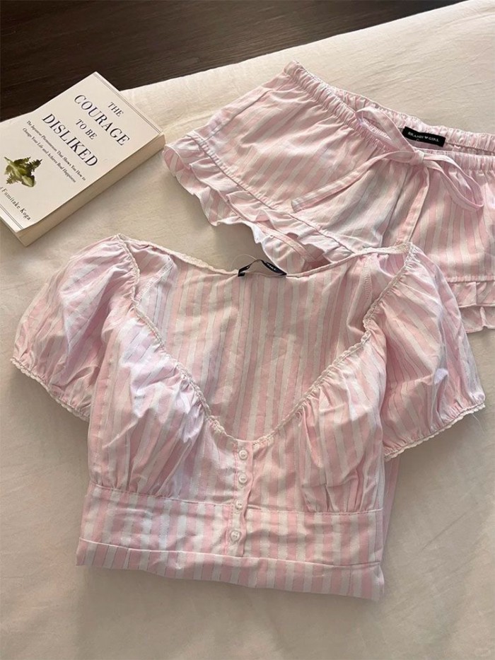 Bộ đồ ngủ cotton Yunduo dành cho nữ, quần đùi ngắn tay sọc hồng ngọt ngào, trang phục ở nhà rộng
