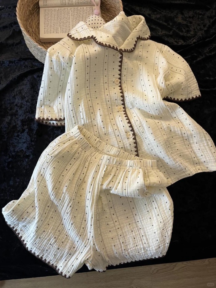 Bộ đồ ngủ cotton Yunduo dành cho nữ, bộ đồ quần short ngắn tay có ve áo in hình ngôi sao màu trắ