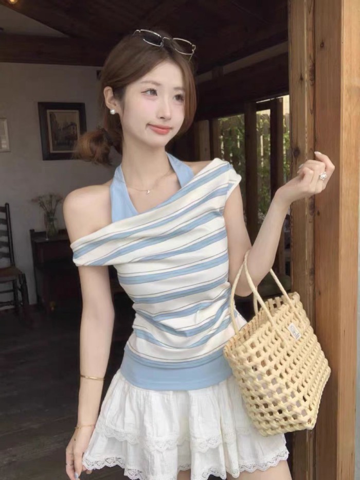 Unique Fake Two-piece Design Retro Striped Halter Neck Short-sleeved T-shirt For Women Summer