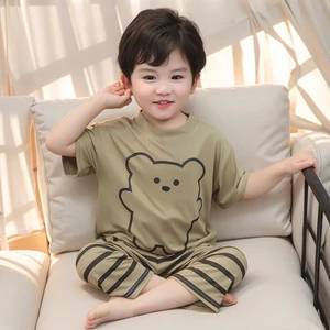 Bộ Đồ Ngủ Bé Trai Và Trẻ Em Bộ Phong Cách Mới Bé Trai Modal Tay Ngắn Quần Sọc Quần Áo Ở Nhà Cho