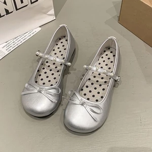Giày đế bệt nơ nông màu be Giày đế bệt mùa hè đa năng Giày nữ Mary Jane của Pháp