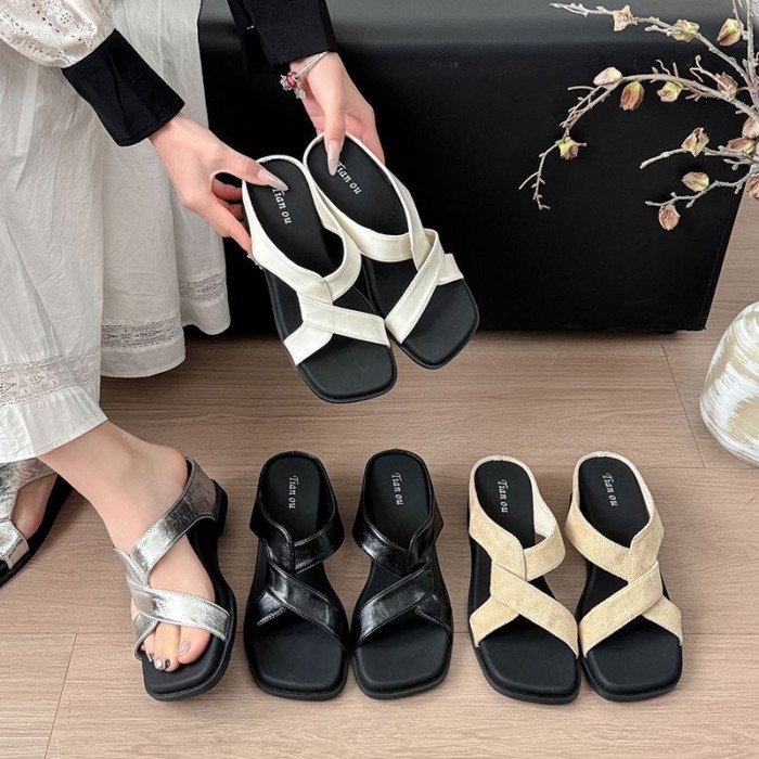 Giày lười quai chéo kiểu dáng đơn giản cho nữ mặc mùa hè, giày cao gót nêm cho bà bầu, sandal và
