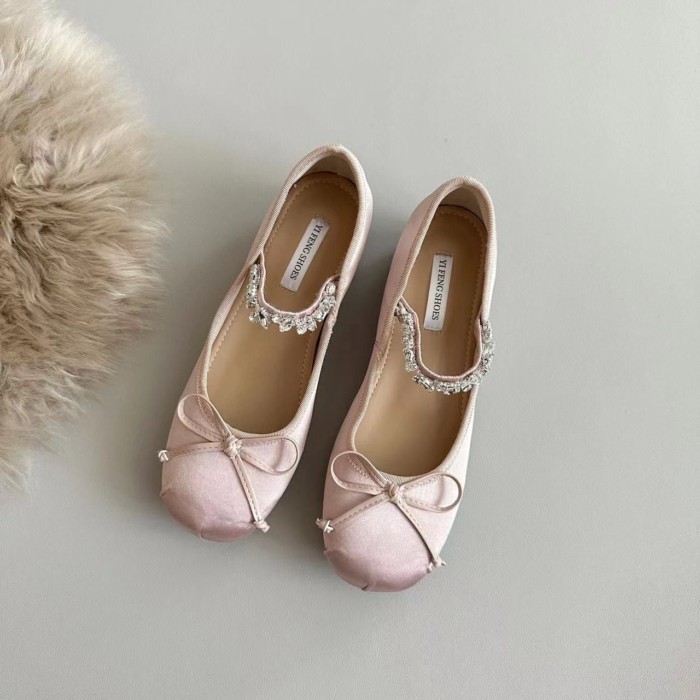 phiên bản kim cương giả cao hơn 5cm Pháp giày ba lê nữ satin nơ nông miệng Mary Jane giày