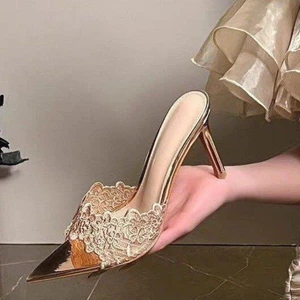 mũi nhọn cao cấp màu sâm panh thêu ren dép xã hội nữ tính miệng cá mỏng niche một từ giày cao gó
