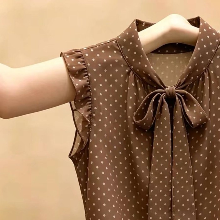 Áo sơ mi thắt nơ chấm bi cổ điển kiểu Pháp dành cho nữ, phong cách mùa hè mới, áo mỏng và đa
