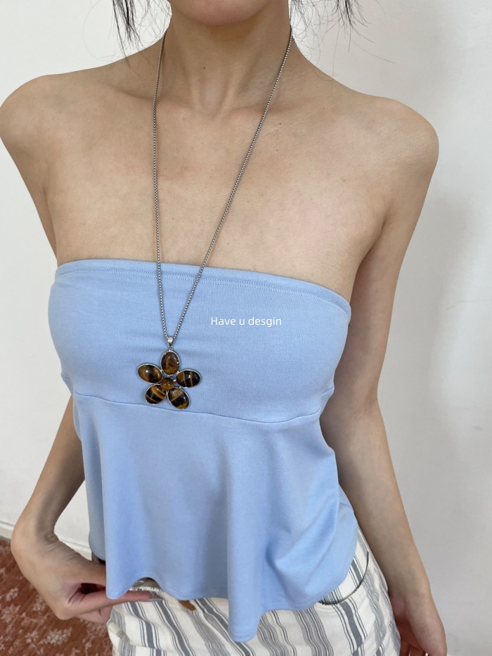 Have u desgin Merad Tiger Eye Stone Mặt dây chuyền hoa Vòng cổ dài Cao cấp Đơn giản Phong cách mát mẻ Thời trang Dây chuyền áo len phù hợp