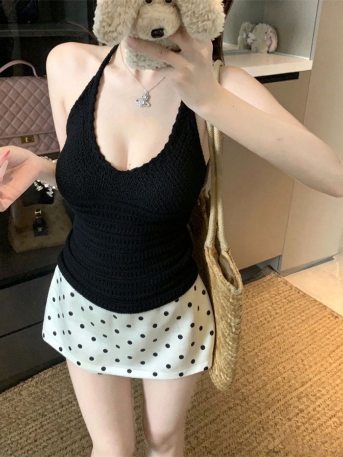Crocheted Halterneck Vest For Women Summer New Style Blue Slim Fit Backless Versatile Commutin