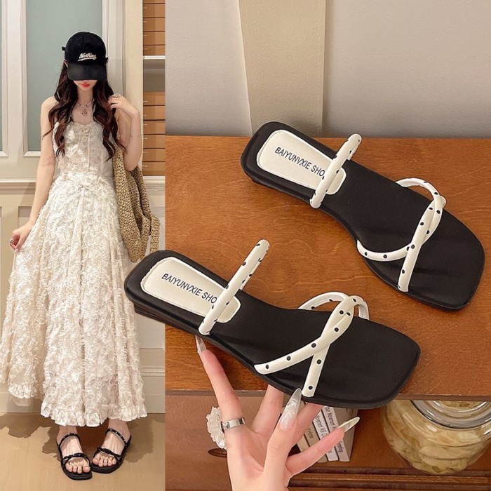 Giày sandal nêm chấm bi cao cấp của Pháp dành cho nữ, giày mũi vuông đế thấp mùa hè kèm váy, dép và