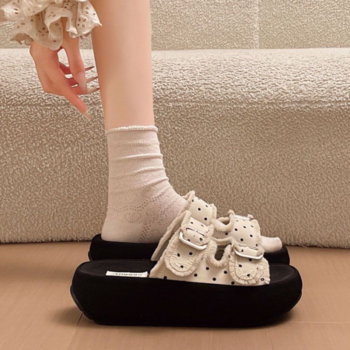 Dép đế dày một chữ chấm bi cao cấp dành cho nữ, áo khoác ngoài mùa hè, chống trơn trượt, nửa trơn B