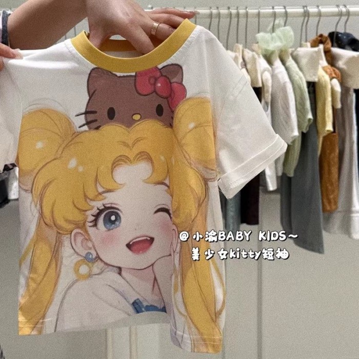 Girls T-shirt Summer New Cartoon Girl Kitty Printed Short-Sleeved Contrast Color Round Neck L