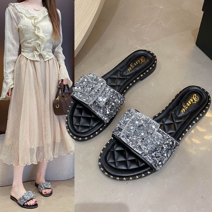 Giày lười nữ thắt nơ dành cho giới xã hội, dép sandal nữ thông thường mùa hè đế bệt cao cấp
