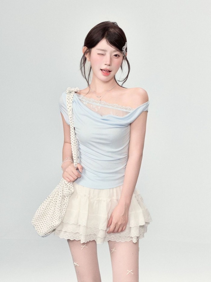 Cotton Pure Desire Swing Collar Lace Spliced Sloping Shoulder T-shirt Women's Summer New Hot
