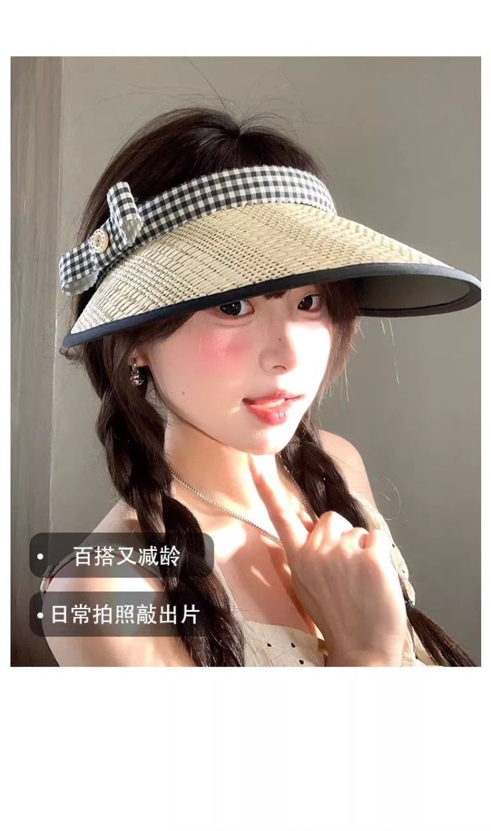 Cute Bow Straw Hollow Top Sun Hat For Women Summer New Style Big Brim Sunshade Straw Hat Outd