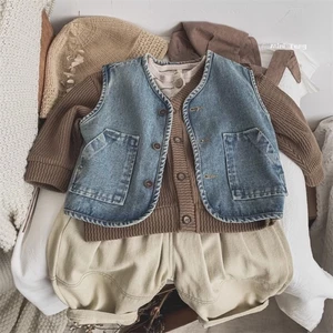 Áo vest trẻ em vest denim Hàn Quốc đơn giản xuân thu phong cách mới retro áo vest ngoài đa nă