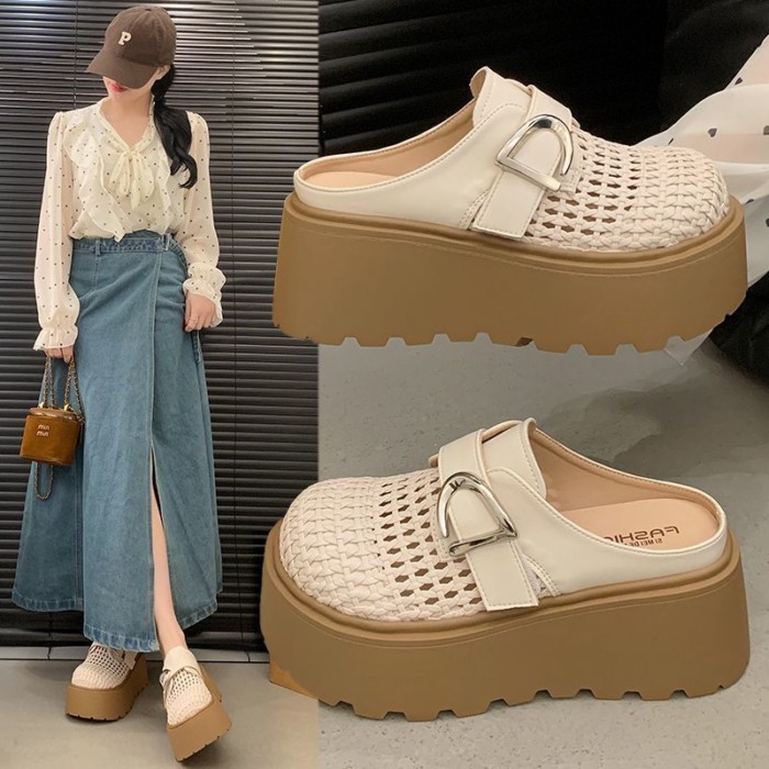 Đế Dày Bao Đầu Lưới Half-Flop Nữ Dệt Rỗng Xuân Hè Giày Con La Dép Slip-on Đa Năng
