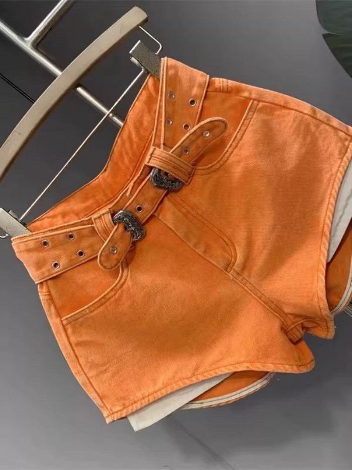 quần short denim dài phong cách mùa hè mới màu cam hot girl chân dài, lưng cao, túi rò rỉ đa năn