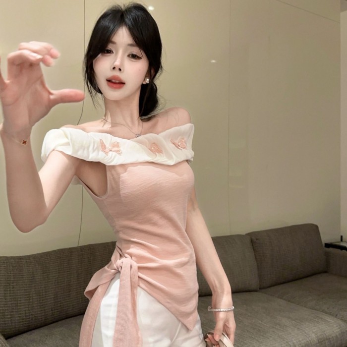 Dopamine Irregular Off-shoulder Short-sleeved T-shirt Summer New Girly Sweet Age-reducing One-