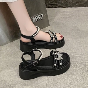Ngọc Trai Pháp Kim Cương Giả Bướm Hở Mũi Tuyệt Đẹp Giày Sandal Nữ Mùa Hè Đa Năng Nền Tảng Đế Dày Gi