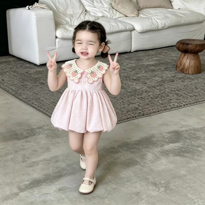 Children's Summer Princess Bud Dress Baby Girl Cute And Sweet Doll Collar Strawberry Plaid Fa