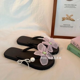 French Flower Pearl Flip-flops For Women Summer Flat Non-slip Seaside Vacation Slippers For W
