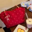 New Korean Style Red Flower Canvas Bag, Contrasting Color Woven Shoulder Bag, Tote Bag, Commuter