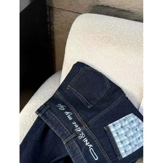 Thiết kế nơ cổ điển đa năng của Mỹ kẻ sọc nối denim quần ống rộng dài đến sàn dáng rộng