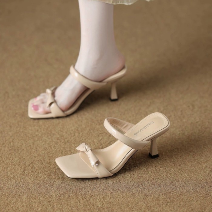 Giày sandal cao gót mũi vuông có dây đeo khí chất một dây giày cao gót hở mũi kiểu Pháp cho n