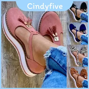 Giày mũi tròn tua rua đa năng dành cho nữ đế bệt thông thường có dây đeo mắt cá chân Chi tiết