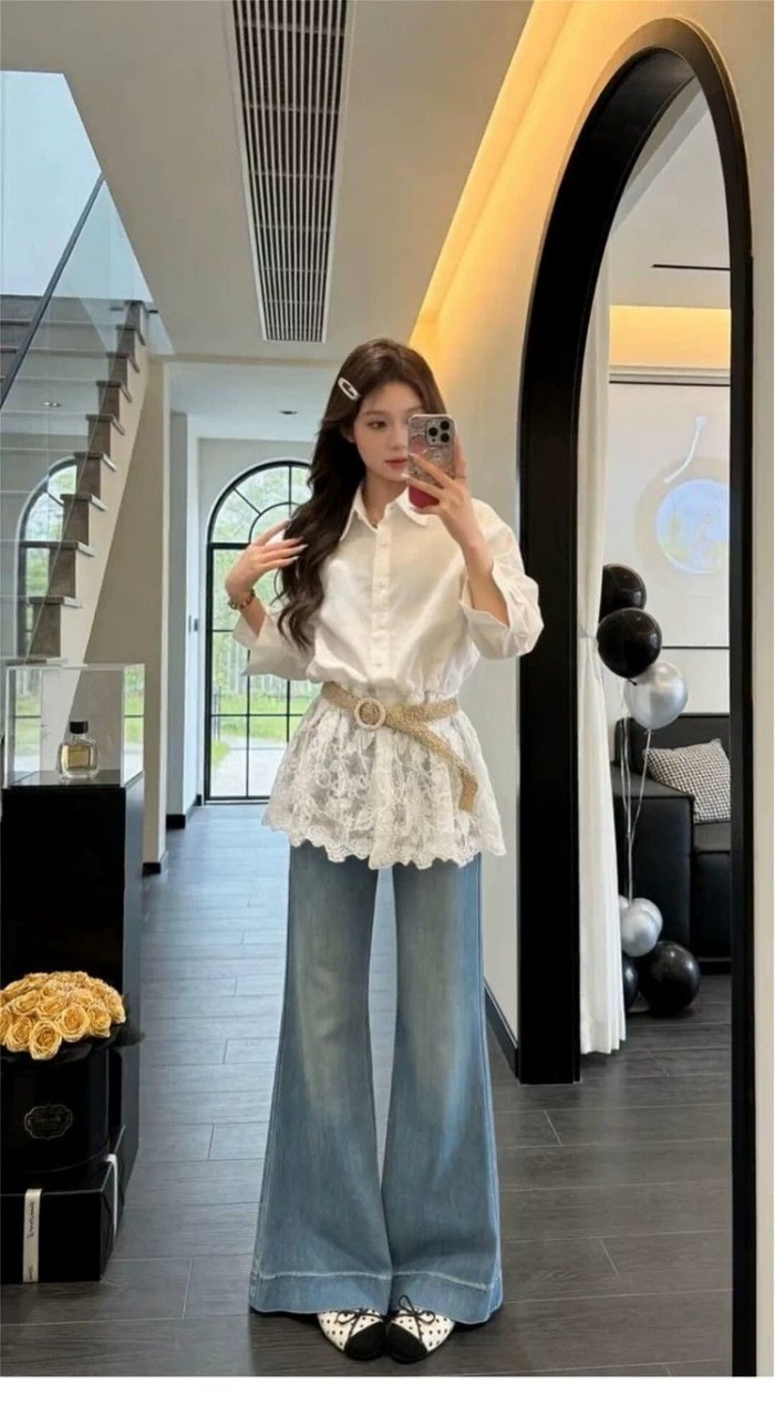 Áo sơ mi trắng ren dài tay nữ mùa xuân hàng đầu mùa hè của Pháp