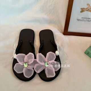 French Flower Pearl Flip-flops For Women Summer Flat Non-slip Seaside Vacation Slippers For W