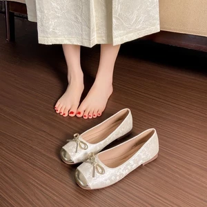 Màu Xanh Retro Trung Quốc Thêu Phong Cách Quốc Gia Gót Thấp Đính Kim Cương Giả Pháp Mary Jane Gi