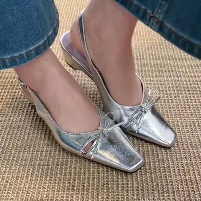 Giày cao gót nơ kiểu Pháp, khóa một dây, sandal mũi nhọn, gót dày mùa hè cho nữ, giày nữ vừa gót