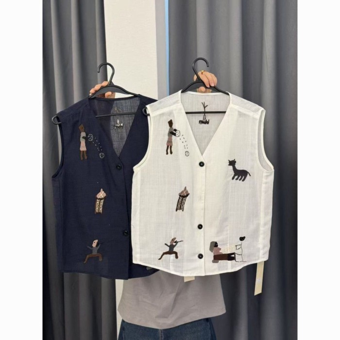 Vải lanh dáng rộng thêu mùa hè mới phong cách cổ điển áo vest vải lanh và cotton dành cho nữ