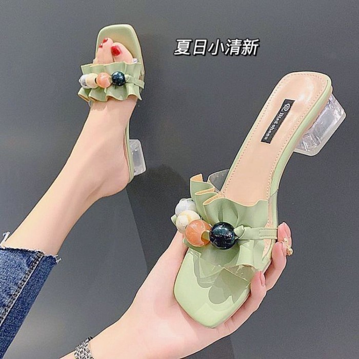 đôi sandal cao gót phong cách mùa hè mới mặc bên ngoài xếp li dép một chữ đính hạt pha lê gót cổ