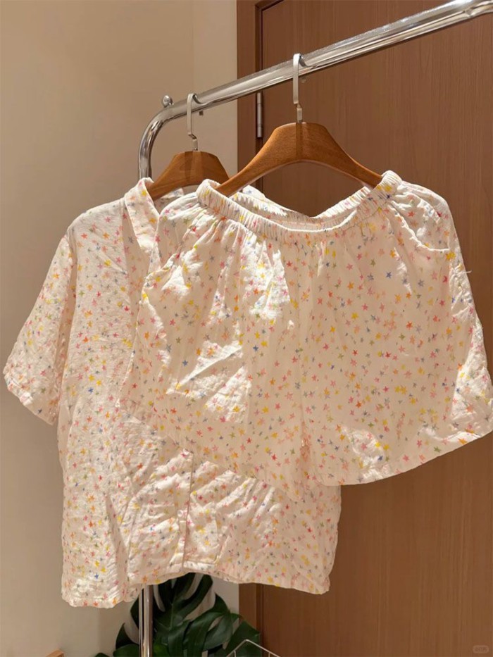 ngôi sao và đám mây đầy màu sắc ngọt ngào Bộ đồ ngủ bằng vải cotton cho nữ hoạt hình quần short