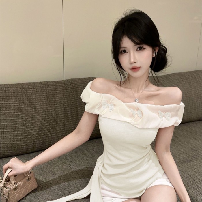 Dopamine Irregular Off-shoulder Short-sleeved T-shirt Summer New Girly Sweet Age-reducing One-