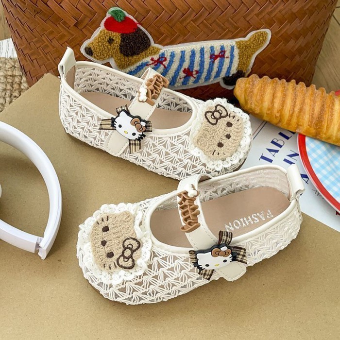 Cute Cartoon Braided Girls Sandals Girls Lace Mesh Princess Shoes Soft Sole Hollow