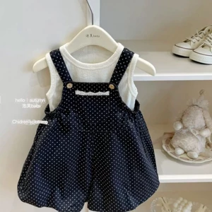 Bộ áo liền quần bé gái phù hợp với trang phục mùa hè áo vest chấm bi quần âu hai món hợp thời tr