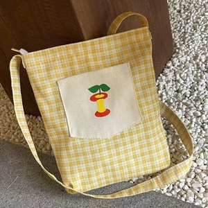Go Out For An Outing, Fresh Yellow Plaid Canvas Crossbody Apple Pocket Travel Crossbody Bag, Ret