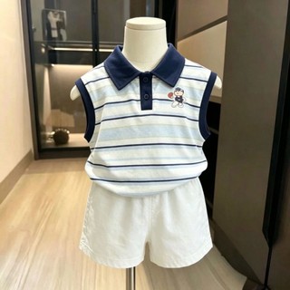Bộ đồ polo sọc mùa hè Hàn Quốc không tay áo vest hai mảnh quần short thời trang bé trai phong cách