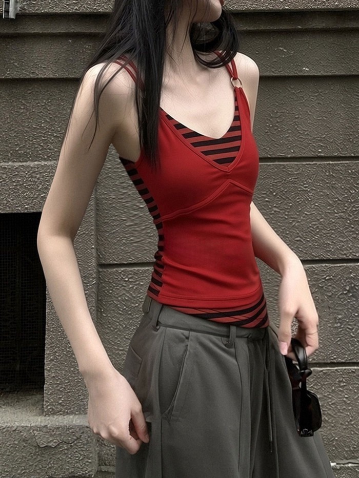 Lan ~ American Hot Girl Retro Sọc Khâu Camisole Thiết Kế Cảm Giác Nữ Mùa Hè Phong Cách Mới Mỏng Hơn Nhìn Nhỏ Top
