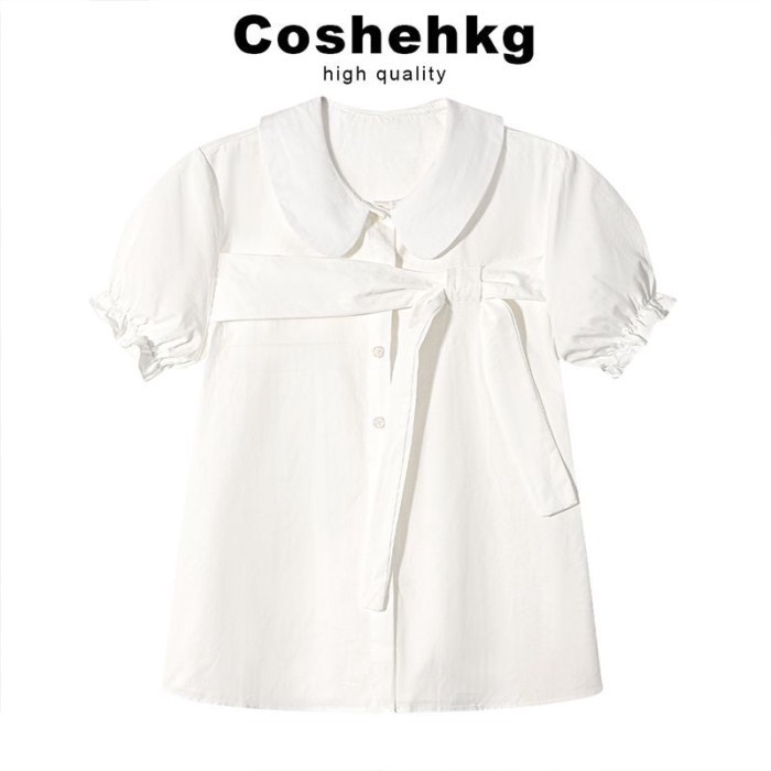Phong Cách Preppy Cổ Búp Bê Nơ Áo Sơ Mi Trắng Tay Ngắn Cho Nữ Dáng Rộng Giảm Béo Tính Khí Quầ