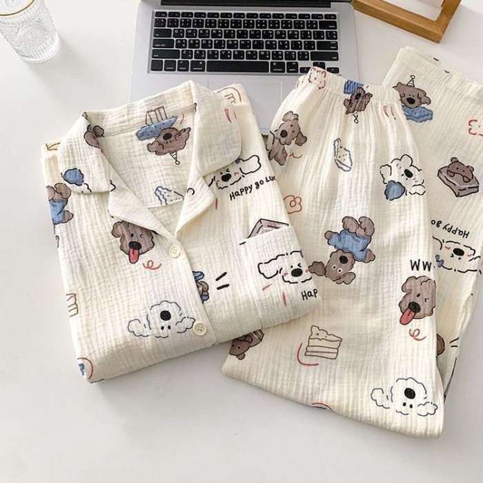 Bộ đồ ngủ cotton Yunduo cho nữ xuân thu quần dài tay mới hoạt hình dễ thương bộ quần áo ở nhà